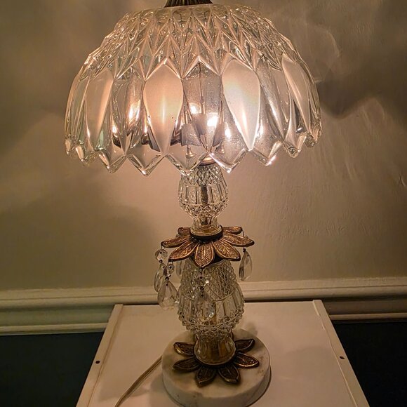 Vintage Heavy Glass Lamp Brass Accents Marble Base 20